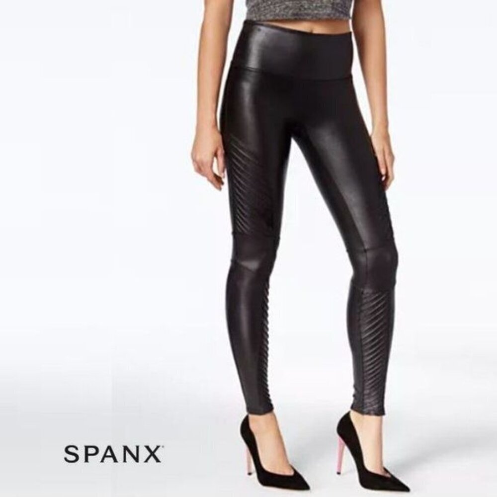 SPANX Black Faux Leather Moto‎ Leggings Medium Size